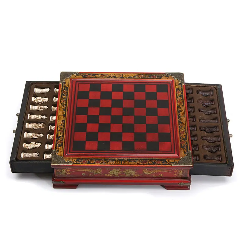 

Top Quality Board Games Gifts 32Pcs/Set Resin Chinese Chess With Coffee Wooden Table Vintage Collectibles Gift For Christmas