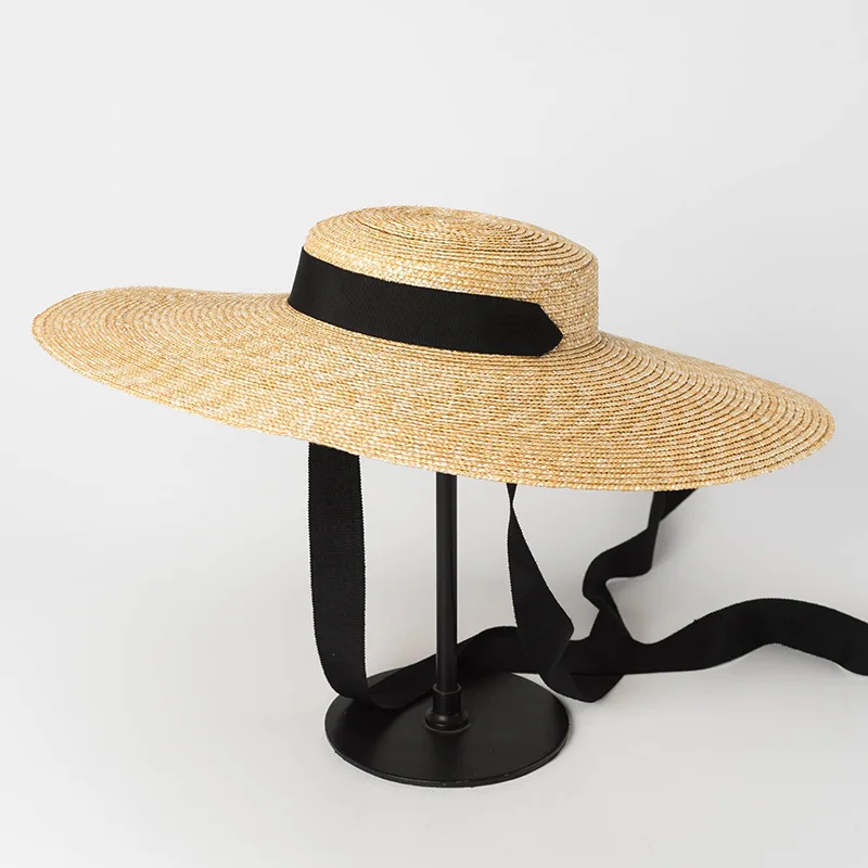 

[La MaxPa] Wide Brim Boater Hat Summer Beach Sun Visor Hat for Women Elegance Ladies Wheat Straw Hat with Ribbon Tie