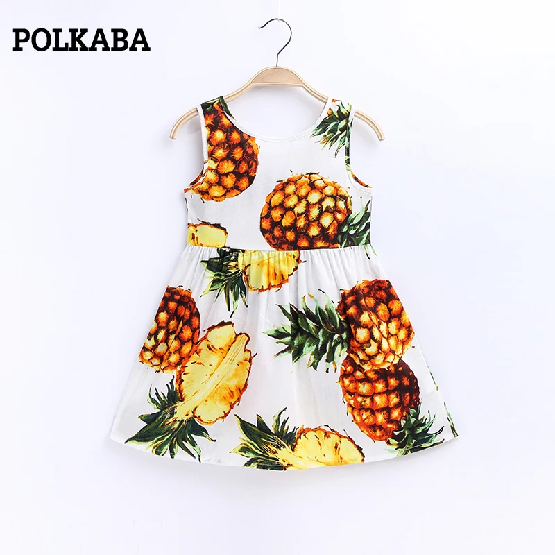 

1-8Y Casual Floral Dress Baby Girl 2018 New Arrival Children Beach Dress Summer Pineapple Blue Ribbon Cotton Baby Girl Clothes