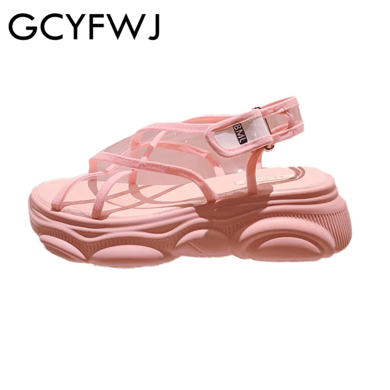 

GCYFWJ 2019 New Transparent PVC Film Cross Belt Sandals Female Summer Open Toe Candy Color Platform Casual Sandals Women's Shoes