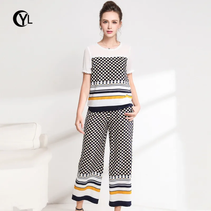 

OUYALIN L- 3XL 4XL 5XL Plus size Women 2 piece Set 2018 Lady Summer Geometry Print Tops and Wide Leg Pants Sets Twinset