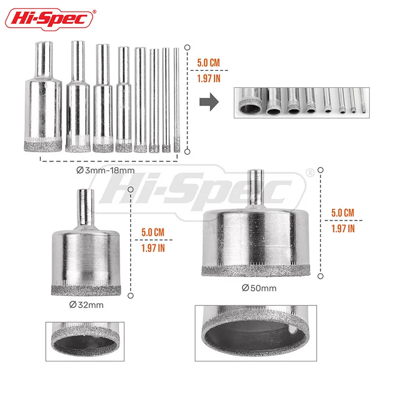 Hi-Spec 10pc 3-50mm Diamond Coated Drill Bit Set Tile Marble Glass Ceramic Hole Saw Drilling Bits For Power Tools TT004