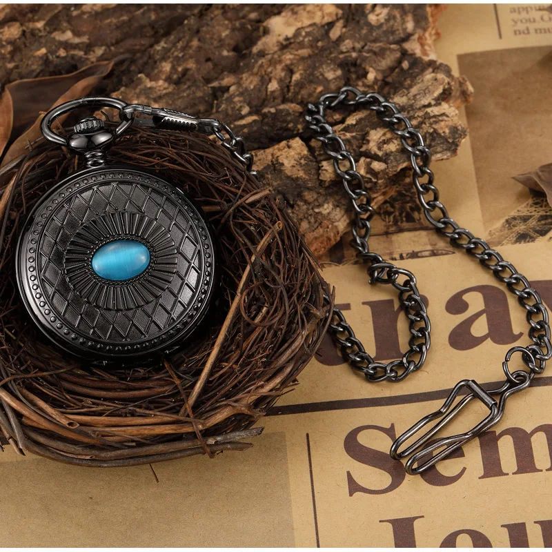 Винтаж стимпанк Черный Mechannical карманные часы с голубой бриллиант скелет руки ветер часы Для мужчин Для женщин коробка подарочная Reloj Bolsillo