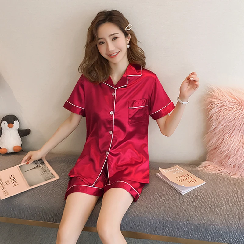 

Imitation Silk Women pajamas set 2019 Summer ladies sleepwear girls short-sleeved Casual Lingerie femme home clothes gift