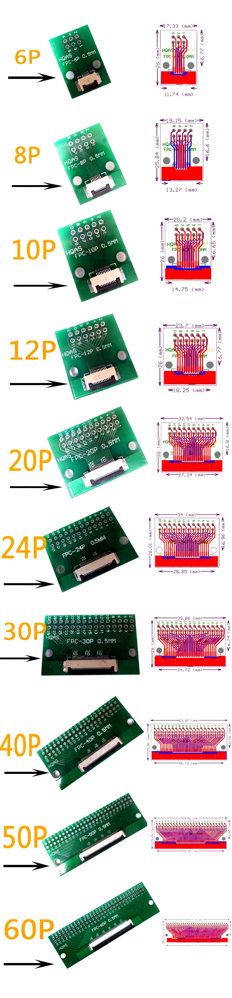 FPC/FFC плоский кабель передачи пластины DIP DIY 0,5 мм расстояние разъем 6P 8P 10P 12P 20P 24 30P 40P 50P 60P 0,5 изменение 2,54