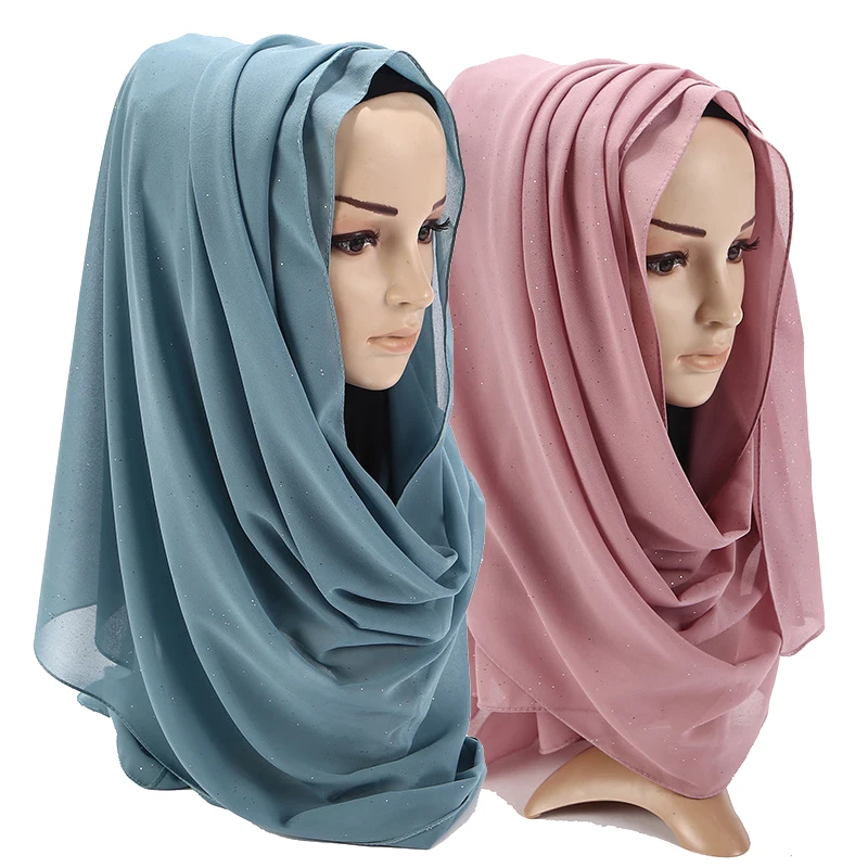 

Glitter Candy Color Chiffon Head Scarf Dubai Turkey Full Cover Cap Inner Hijab Turbans For Women Long Wrap Shawl Headscarves