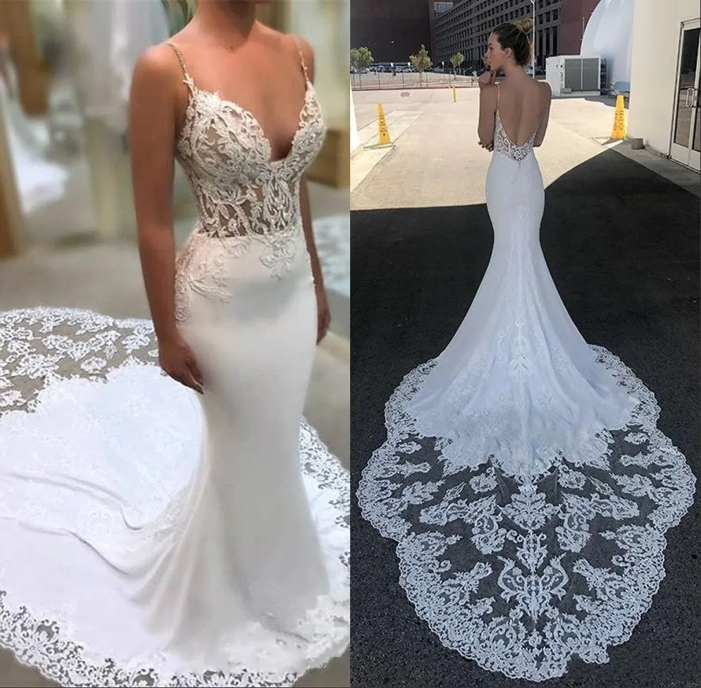 

Robe de mariee Mermaid Lace Wedding Dresses 2019 Sexy Spaghetti Straps Full Backless See Through Top Bride Gown Wedding Dresses