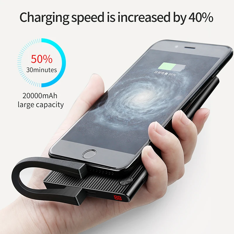 Baseus 10000mAh Dual USB Power Bank Portable External Battery Charger For iPhone Mobile Phone LCD Powerbank With 2 in 1 Cable