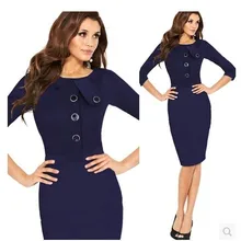 Три четверти Длина рукава Мода Зима Осень повседневное приталенное облегающее платье кожа и кнопка Черная Женская рабочая одежда плюс размер офис