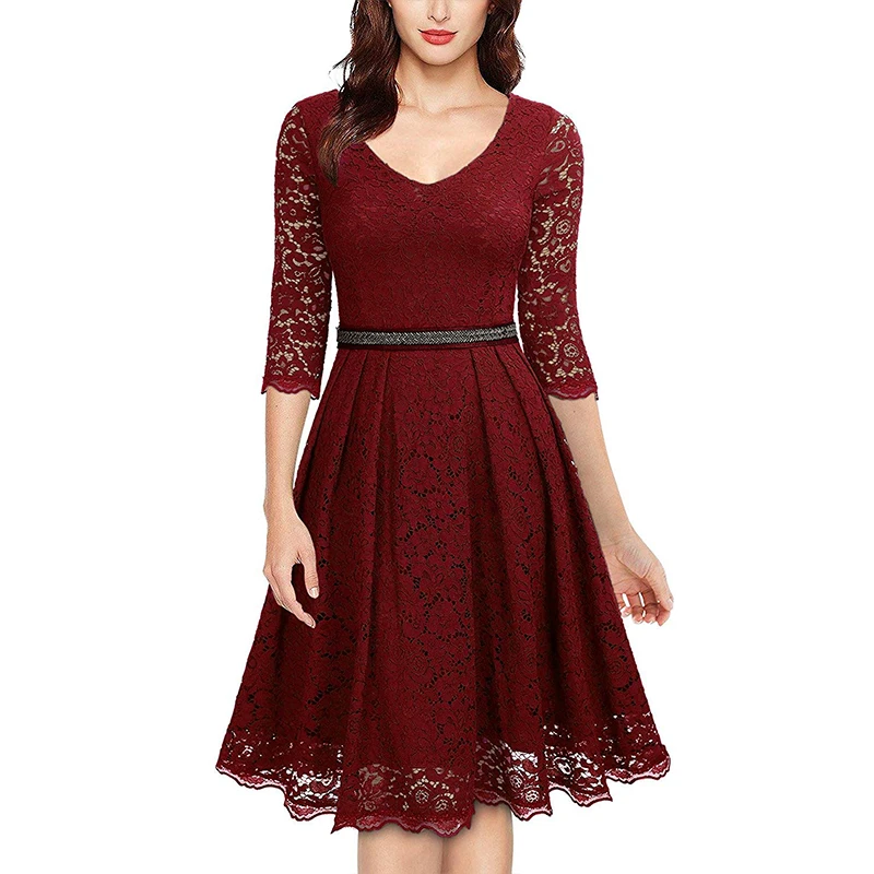 Anself, женское кружевное платье, одноцветное, v-образный вырез, рукав три четверти, осеннее платье,, открытое, до колена, элегантное, цельное