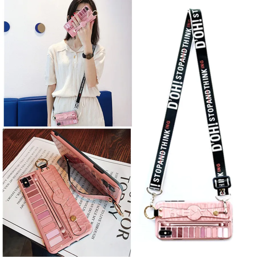 

Eye shadow box shoulder strap silicon case for iphone 7 8 6 6s plus XR X XS MAX case cover wristband holder soft protective shel