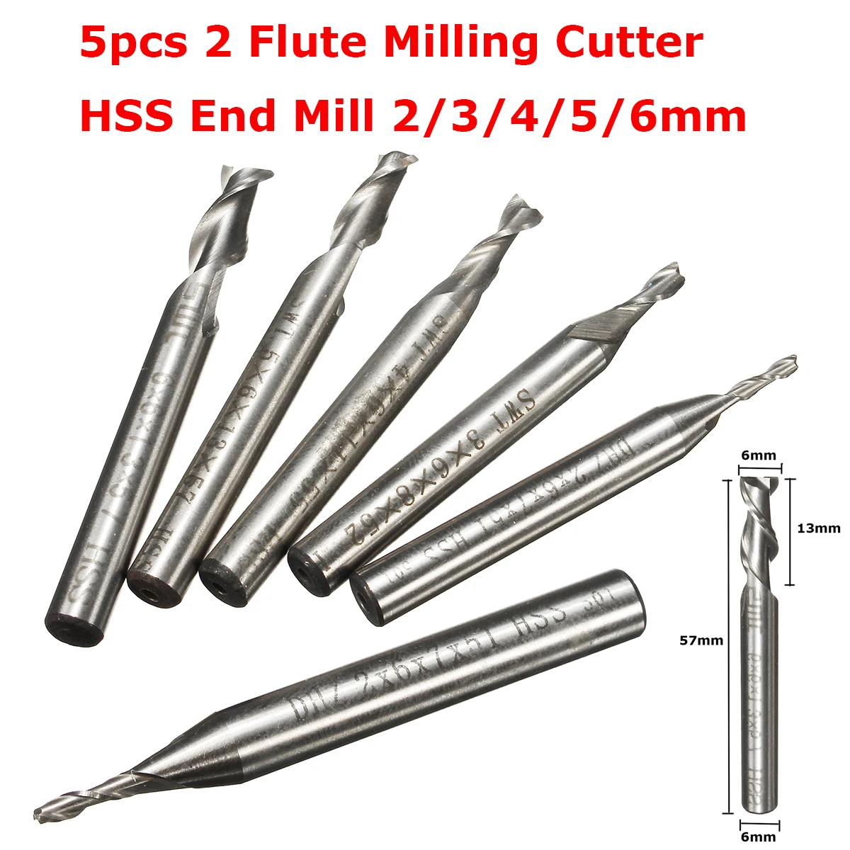 

5Pcs/Set 2/3/4/5/6mm 2 Flute Milling Cutter HSS End Mill CNC Engraving Bit Straight Shank Drill Bit Tools