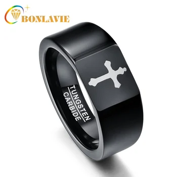 

BONLAVIE Black Vantage Plating Lser Cross Tungsten Carbide Ring 10mm Width Men Rings Couple Anillos Wedding Bands Jewelry