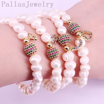 

New Fashion 5Pcs Gold Filled Rainbow CZ Micro pave connector handmade Nature Pearl Beads Bracelets women jewelry