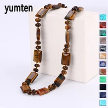 Yumten Tiger Eye Necklace Men Choker Bead Chain Natural Stone Square Jewelry Popular Male Accessories Correntes Masculino Reiki yumten grey agate necklace female natural stone power crystal coin rainbow choker charm chain reiki women vintage jewelry men