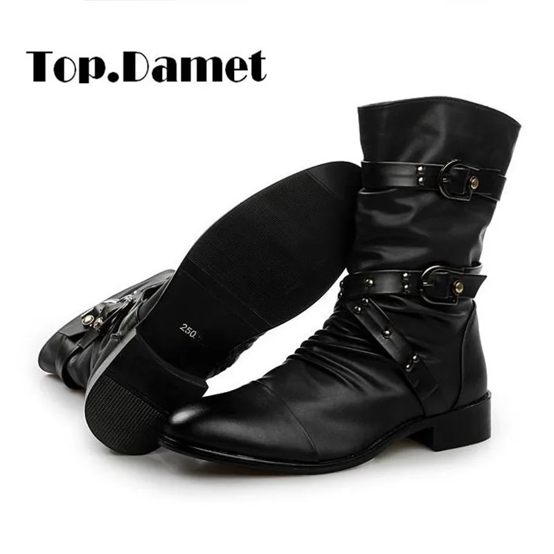 

Top.Damet Men Martin Boots Fashion Winter Genuine Leather Solid Color Shoes Pointed Toe Rivet Motercycle Ankle Cowboy Boots Man