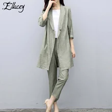 Ellacey Cotton Linen Blazer Pant Suits Women's 2019 Spring Fashion Two-piece Suit Office Ladies Elegant 2 Pieces Pants Suit