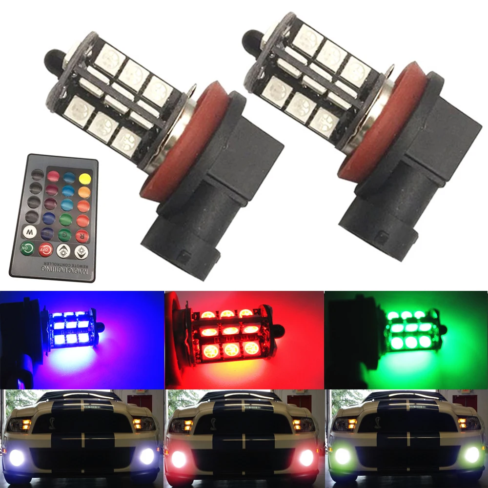 YSY 2 шт. 27SMD Мульти-Цвет RGB 5050 H11 H8 1156 3156 7440 H7 9006 9005 Светодиодный светильник тумана замены Реверсивные огни с пультом дистанционного управления