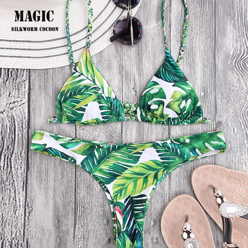 Зеленый лист, двухсторонний комплект бикини с принтом, женский сексуальный Плетеный бандажный купальник, Maillot De Bain, бикини, пляжный купальник для купания