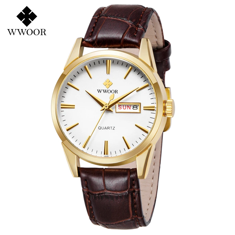 

WWOOR Business Auto Date Men Quartz Watch Leather Bracelet Week Display Watches Luxury Man Wristwatch Reloj Mujer Montre Homme