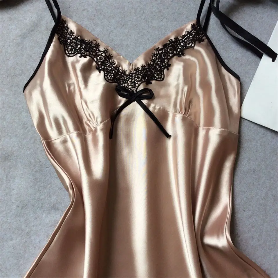 Женское сексуальное шелковое атласное Ночное платье без рукавов, ночная рубашка с v-образным вырезом размера плюс, ночная рубашка, кружевное ночное белье для женщин
