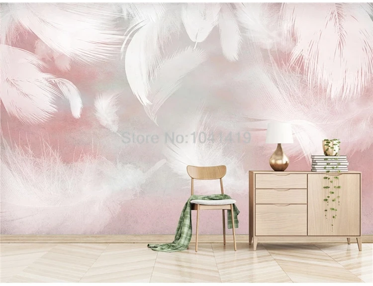 Фото обои Современная мода розовые перья фрески гостиная спальня романтический домашний декор самоклеящиеся водонепроницаемые 3D наклейки