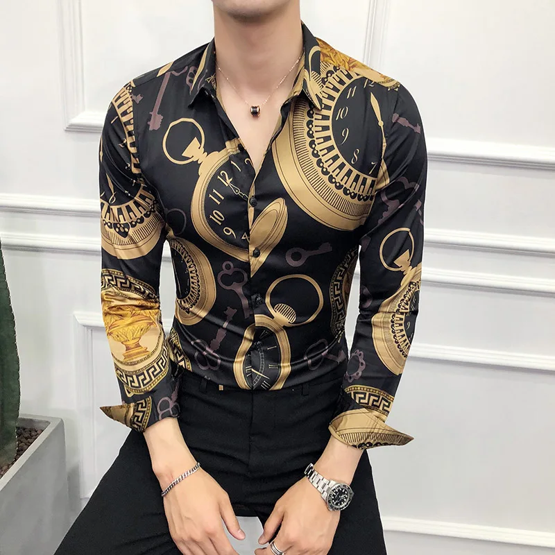 Turn-down Collar Clock Print Shirt British Slim Long Sleeve Fashion Black Golden Casual