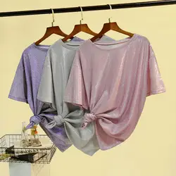 2018 Новые поступления короткий рукав Bling, свободные яркие шелковые футболки для девочек лета o-образным вырезом Мода футболка