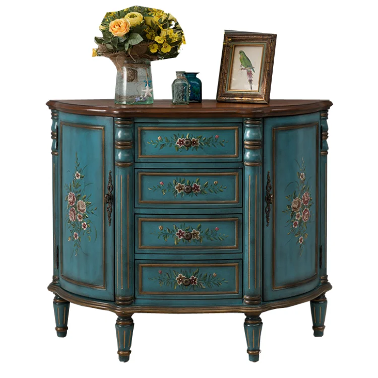 European style hand painted porridge cabinet, Mediterranean, old semi round cabinet, carved four bucket, European style hand painted porridge cabinet, Mediterranean, old semi round cabinet, carved four bucket,