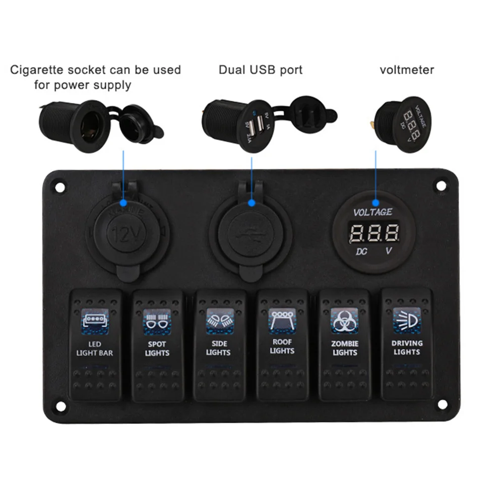 

6 Gang Marine Boat Rocker Switch Panel with Fuse 3.1A Dual USB Slot Socket + Digital Voltage Display + Cigarette Lighter