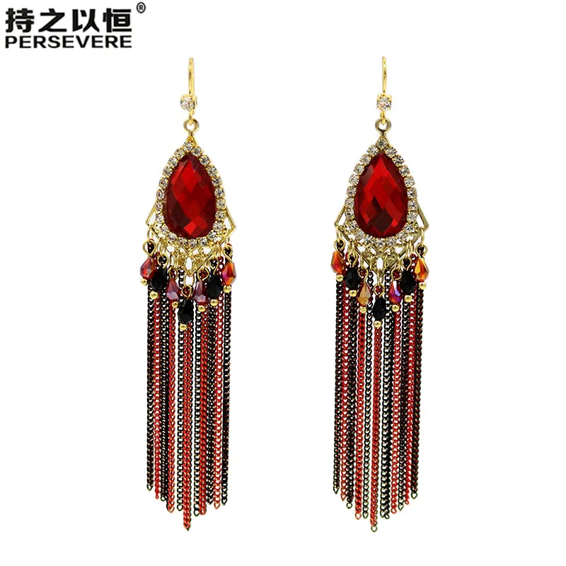 

New Rhinestone Crystal Beads Water Drop Tassel Earrings Vintage Long Chain Statement Earrings For Women Handmade Fashion Jewelry