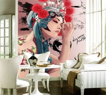 

Beibehang Personality freehand Beijing opera sexy beauty living room entrance background wall painting wallpaper for walls 3 d