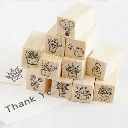 

12pcs/lot Kawaii Girl Potted DIY Scrapbooking deco Wood stamp set Decoration Flower Rubber gift tool JJ0093