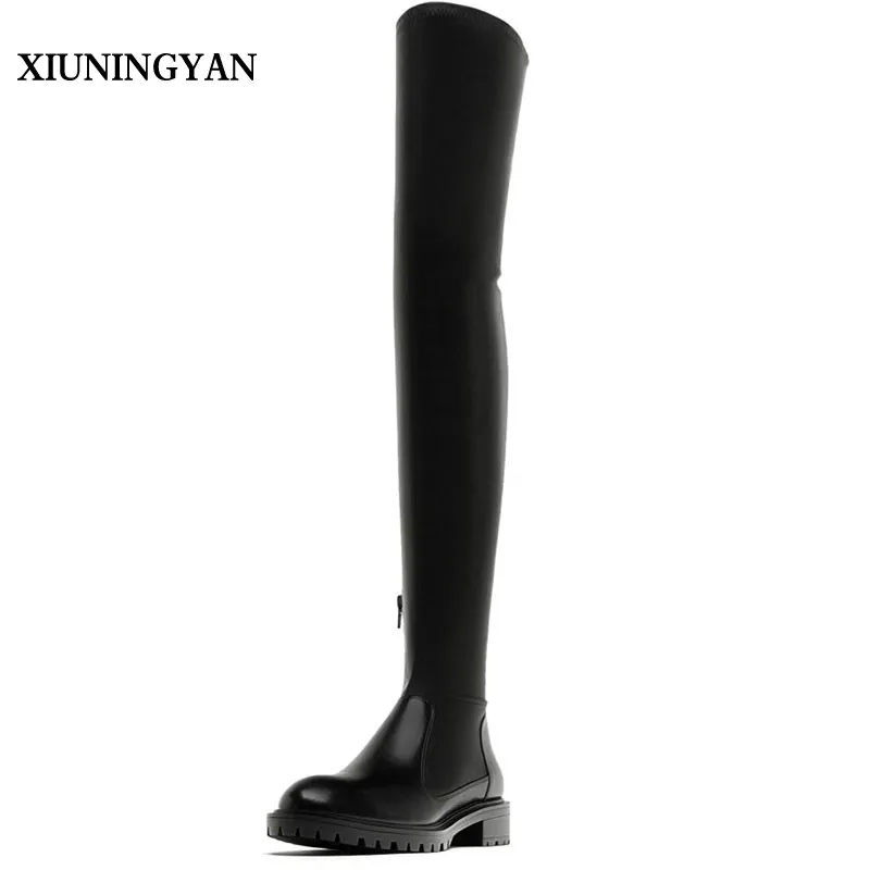 

XIUNINGYAN Women Over The Knee Boots Autumn Winter Cow Leather Boots Fiats with Shoes Soft Stovepipe Boots Short Plush Shoes