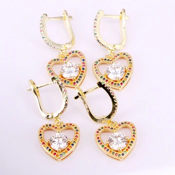 

6Pairs, Micro Pave CZ Gold Color Heart shape Rainbow Dangle Earrings Multi Crystal For Women Girls