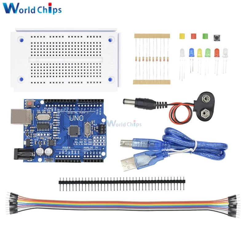 Один комплект полных аксессуаров стартовый комплект для arduino Uno R3 макетная плата, перемычки, светодиодный, USB кабель и 9 в разъем батареи