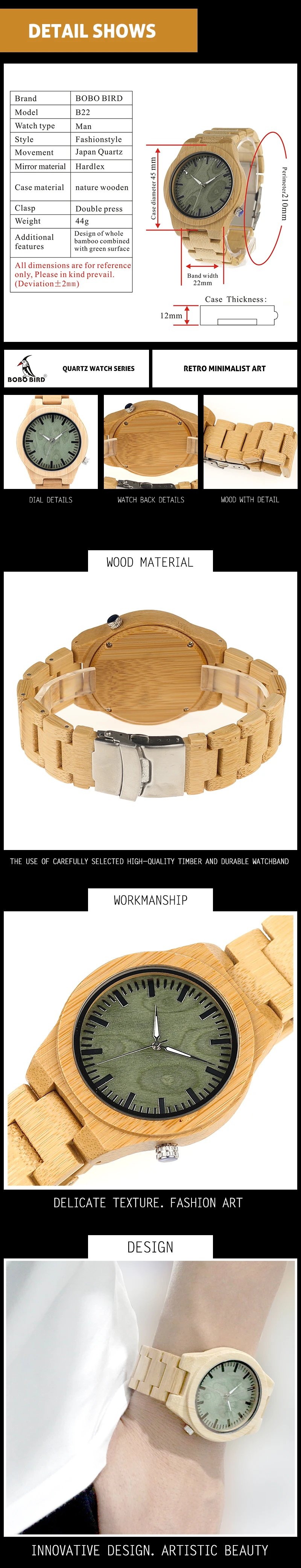 Wristwatch Ghost Eyes Wood Strap Glow Analog Watch with Bamboo Gift Box C-B22 (1)