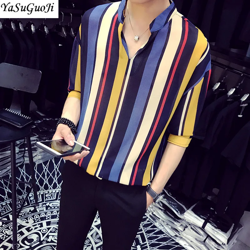 

New 2019 summer fashion contrast color vertical stripe v-neck half-sleeve polo shirt men chemise homme men's loose clothing DCS5