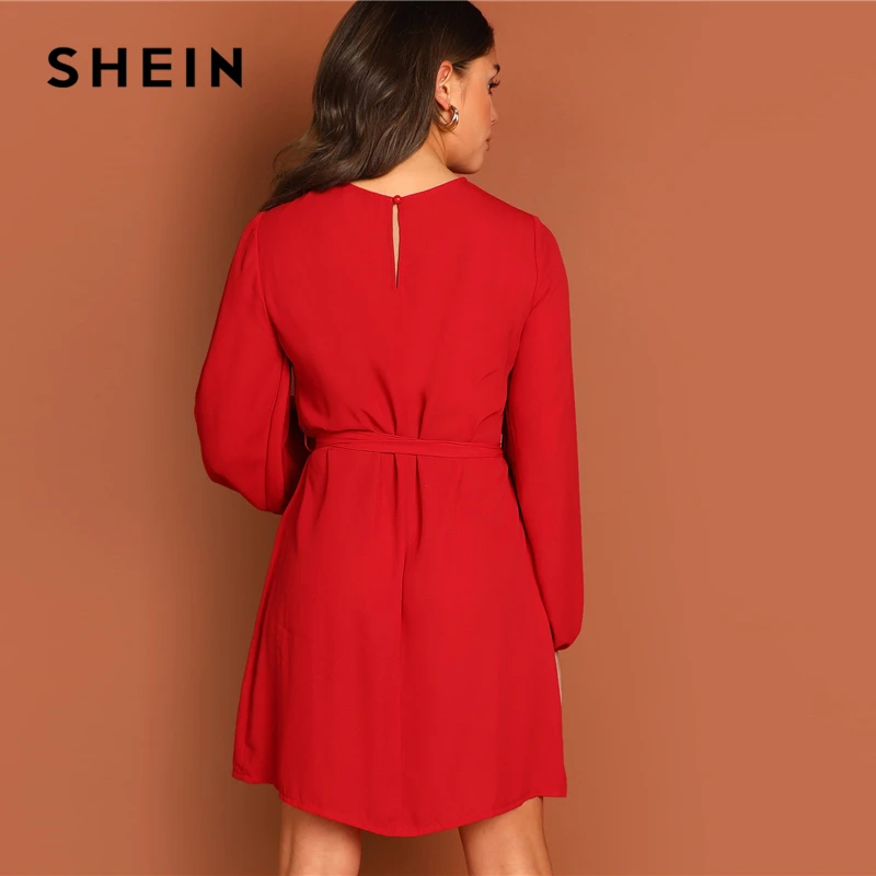 SHEIN Однотонное Платье С Поясом Женское Платье Повседневные Осенние Платья