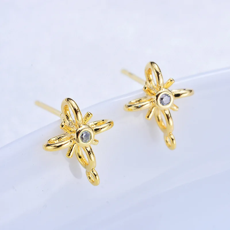 

(165) 6PCS 11x9MM 24K Gold Color Brass with Zircon Flower Stud Earrings High Quality Diy Jewelry Findings Accessories