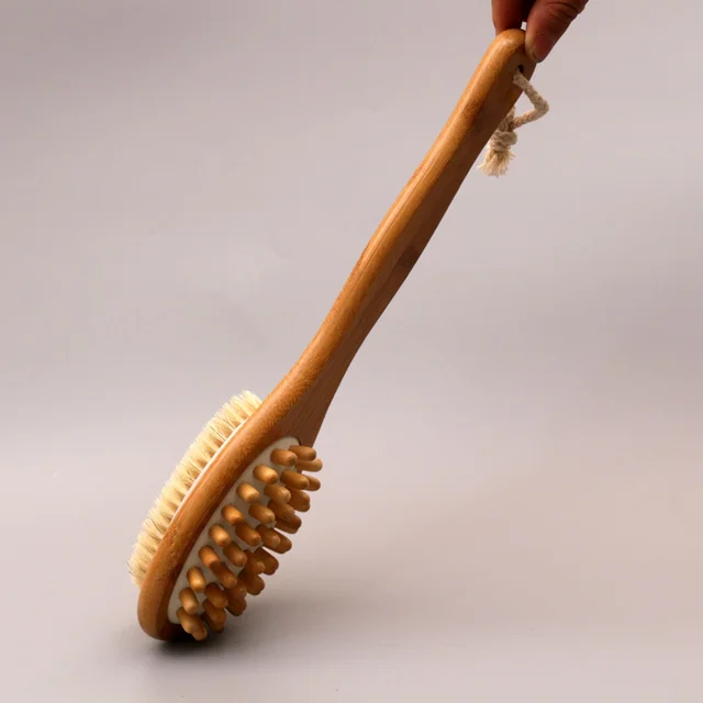 Bath Brush Sided Natural Bristles Scrubber Long Handle Wooden Spa
