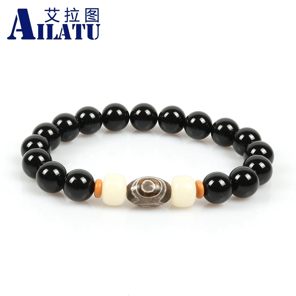 

Ailatu New Design 10mm Aventurine Stone Beads &Black Round Beads with Dzi Eye Stone Bead Charm Bracelets Jewelry for Unisex