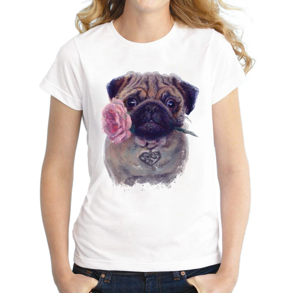 

2018 Vintage Fashion Flower Pug girl Shirt Women T Shirt Tops For Women Camiseta Top Retro Pug Printed T-shirt