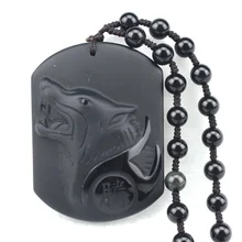 38x52mm Natural Obsidian Stone Pendant beads necklaces Wolf Head Carved For Man Gift