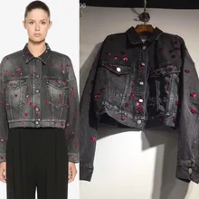 Осенняя одежда Женская мода сердце с блестками Черная Куртка мотоциклетная крутая джинсовая короткая куртка с высокой талией для девочек