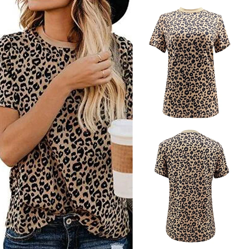 

Summer Tops Casual Leopard Print Tee Round Neck Short-sleeved Basic Shirt Female