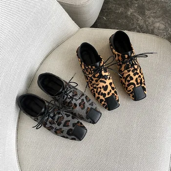 

GPOKHDS 2020 women Pumps horsehair autumn spring Rome style lace up leopard color square toe high heels shoes