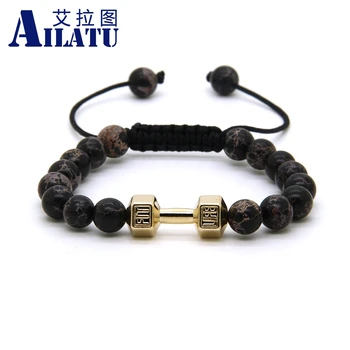 

Ailatu Wholesale 8mm Black Sediment Imperial Stone Beads with Barbell Fitness Dumbbell Macrame Bracelet for Men
