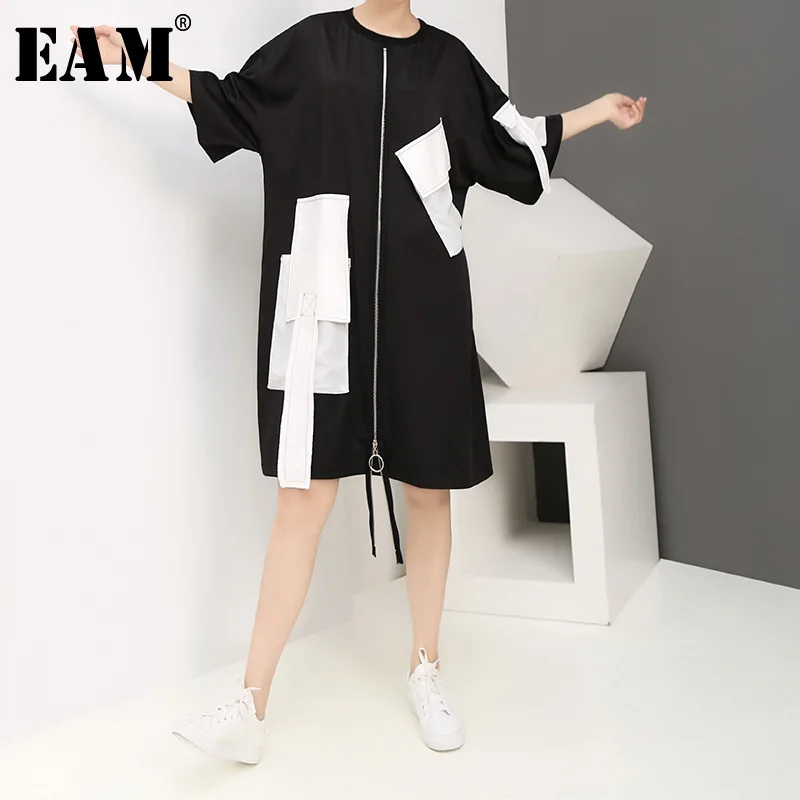 

[EAM] 2019 New Spring Summer Round Neck Three-quarter Sleeve Black Pocket Split Joint Big Size Dress Women Fashion Tide JW932