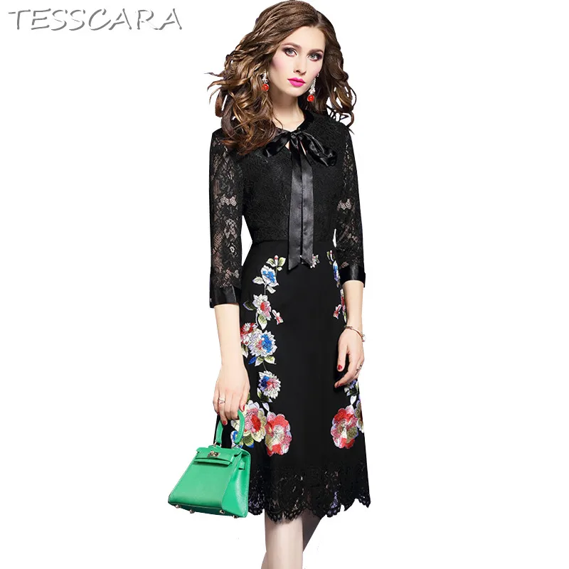 

TESSCARA Women Elegant Embroidery Lace Dress Festa Female High Quality Floral Designer Office Party Vestidos Vintage Robe Femme